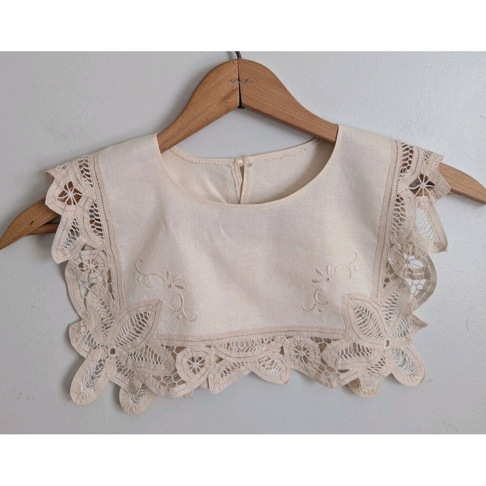 Vtg Ecru Detachable Bib Collar Battenburg Lace Embroidery Cotton Prairie Cottage